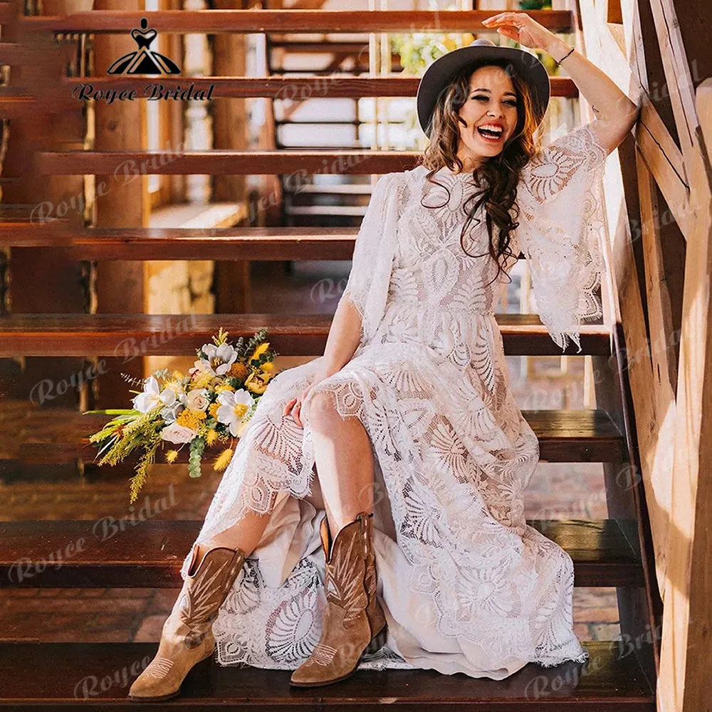 Rustic Garden Outdoor Column Lace Boho Bohemian Wedding Dress for Women 2025 Backless Bridal Gown Customized vestidos de novia