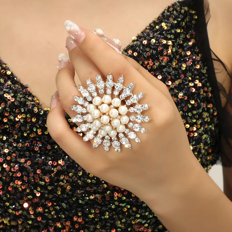 Boho Vintage Big Flower Ring – Micro Zircon Inlay Gold-Tone Statement Ring