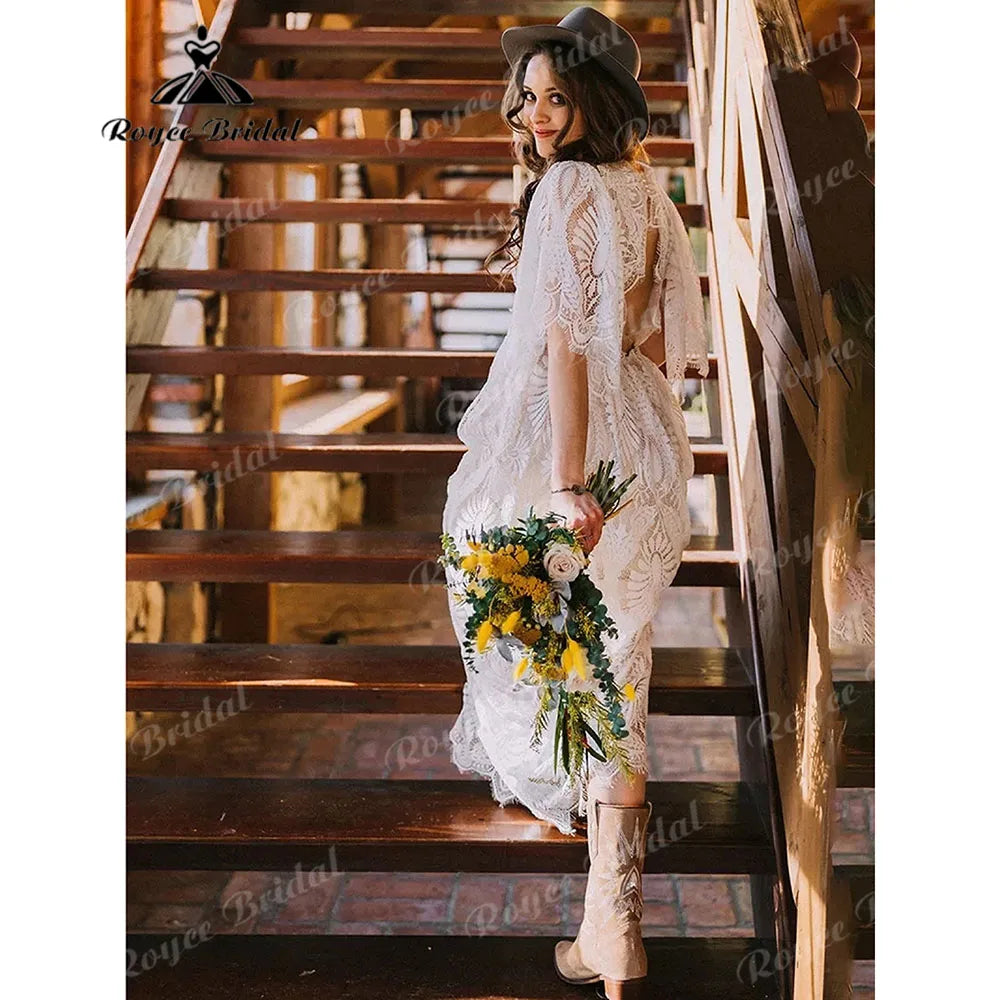 Rustic Garden Outdoor Column Lace Boho Bohemian Wedding Dress for Women 2025 Backless Bridal Gown Customized vestidos de novia