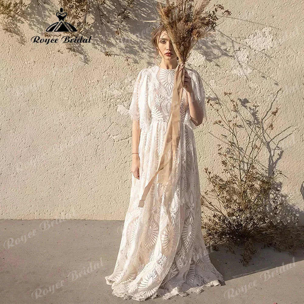 Rustic Garden Outdoor Column Lace Boho Bohemian Wedding Dress for Women 2025 Backless Bridal Gown Customized vestidos de novia