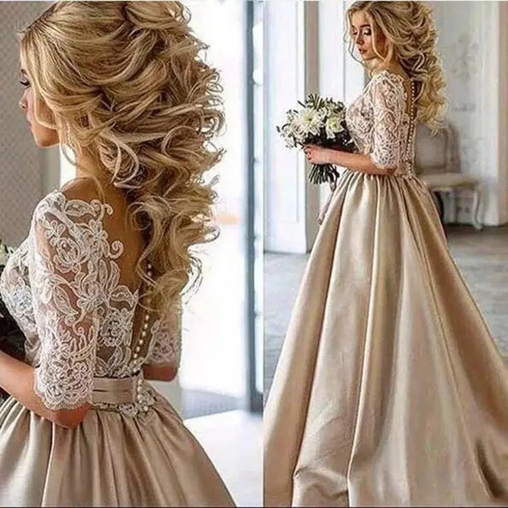 Boho A-Line Wedding Dress – Half Sleeve V-Neck Appliqué Floor-Length Bridal Gown