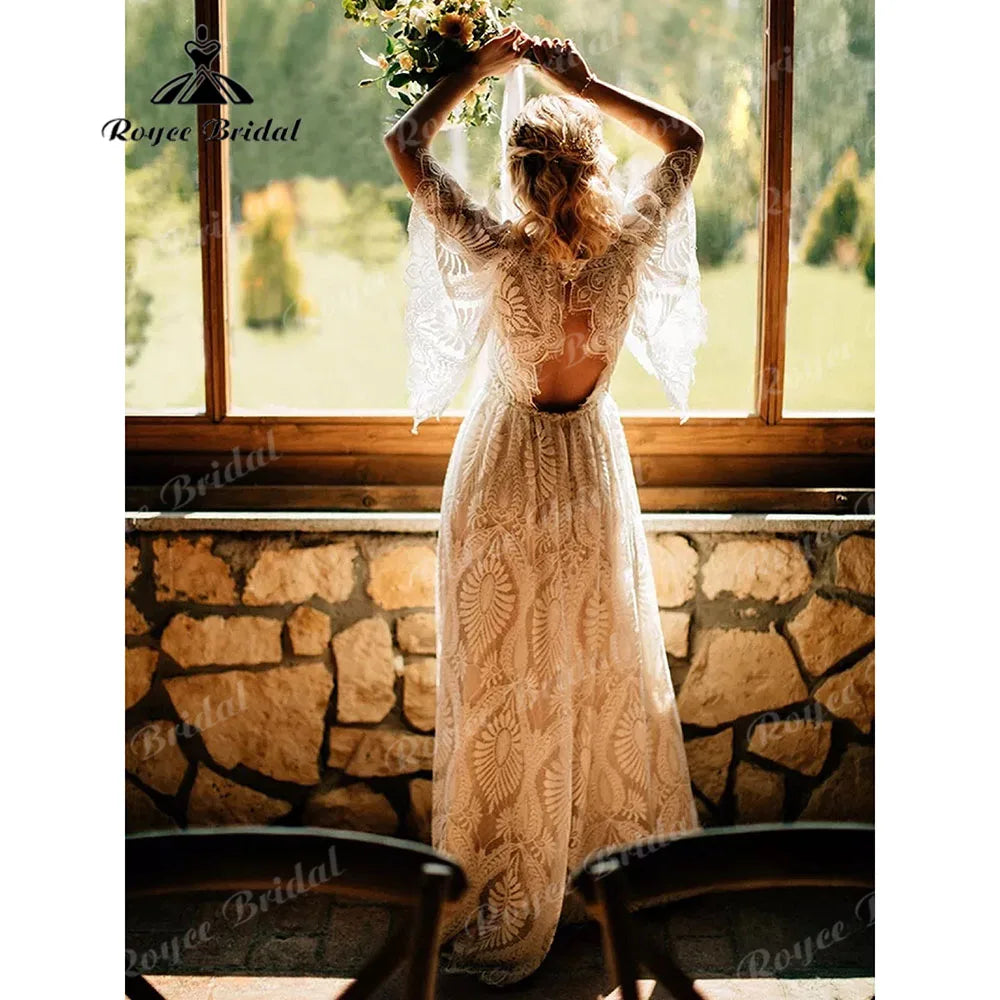 Rustic Garden Outdoor Column Lace Boho Bohemian Wedding Dress for Women 2025 Backless Bridal Gown Customized vestidos de novia