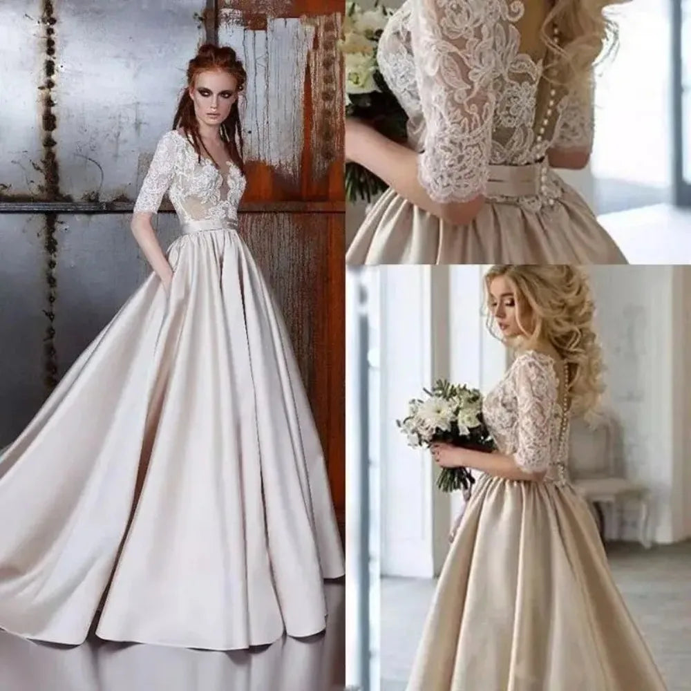 Boho A-Line Wedding Dress – Half Sleeve V-Neck Appliqué Floor-Length Bridal Gown