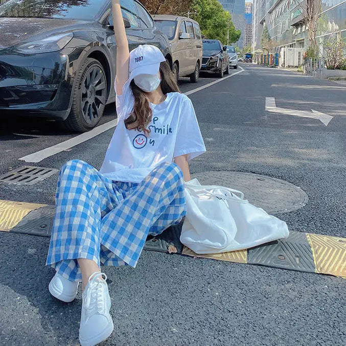 Pants Women Plaid High Waist Hot Sale Summer Loose Korean Style Wide Leg Pockets All-match Stylish New Arrivals Popular Female