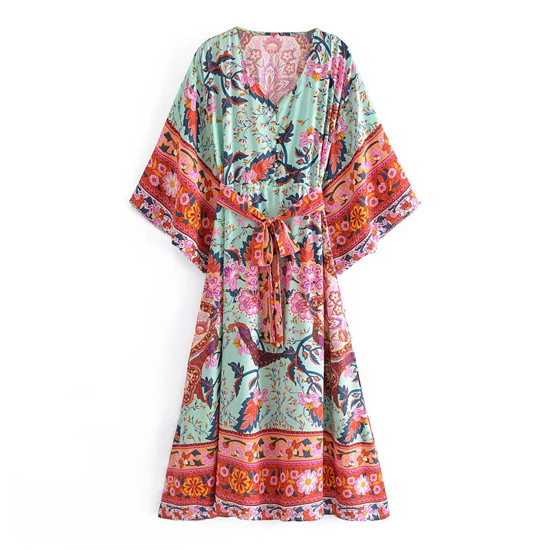 Boho Floral Print Maxi Dress with Batwing Sleeves
