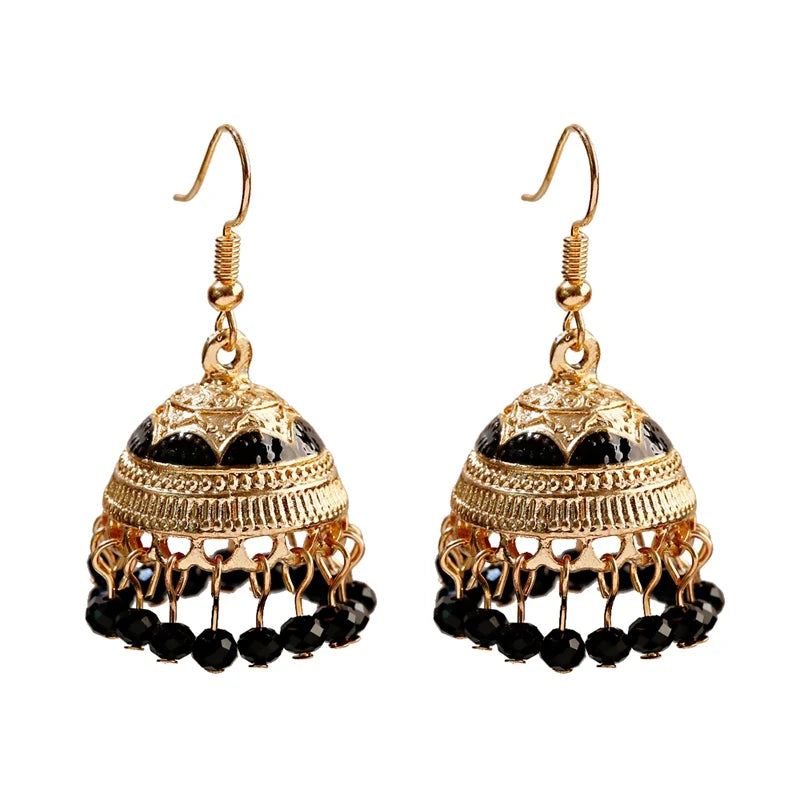 Boho Ethnic Flower Enamel & Bell Tassel Drop Earrings – Vintage Gold Crystal Bead