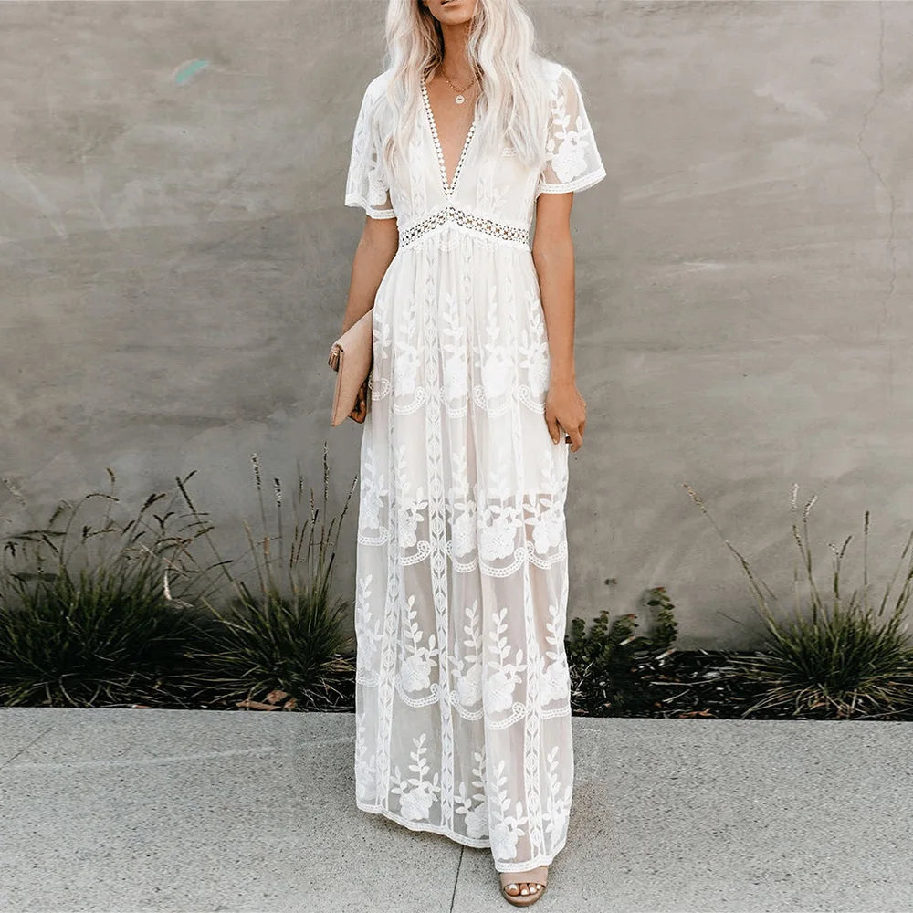 Boho Lace Embroidery Maxi Dress | Long Sleeve Beach Tunic