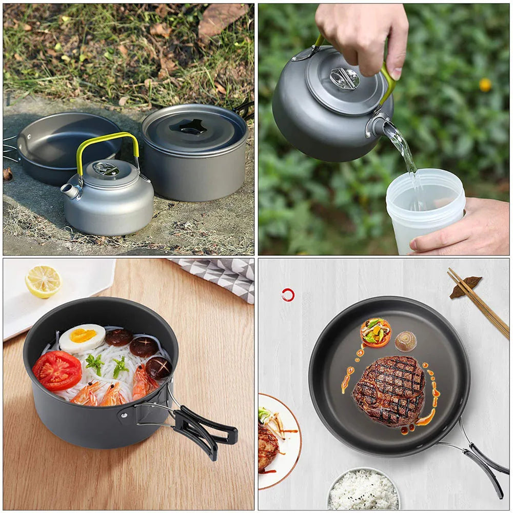 Outdoor camping cookware set made of aluminum alloy material not easy to stick to the pot nested packaging convenient to carry