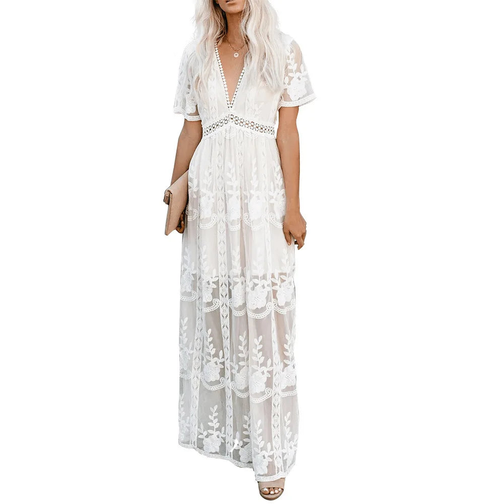 Boho Lace Embroidery Maxi Dress | Long Sleeve Beach Tunic