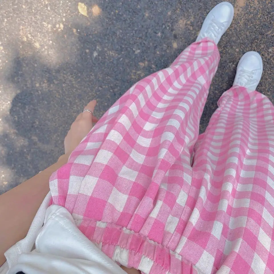 Pants Women Plaid High Waist Hot Sale Summer Loose Korean Style Wide Leg Pockets All-match Stylish New Arrivals Popular Female