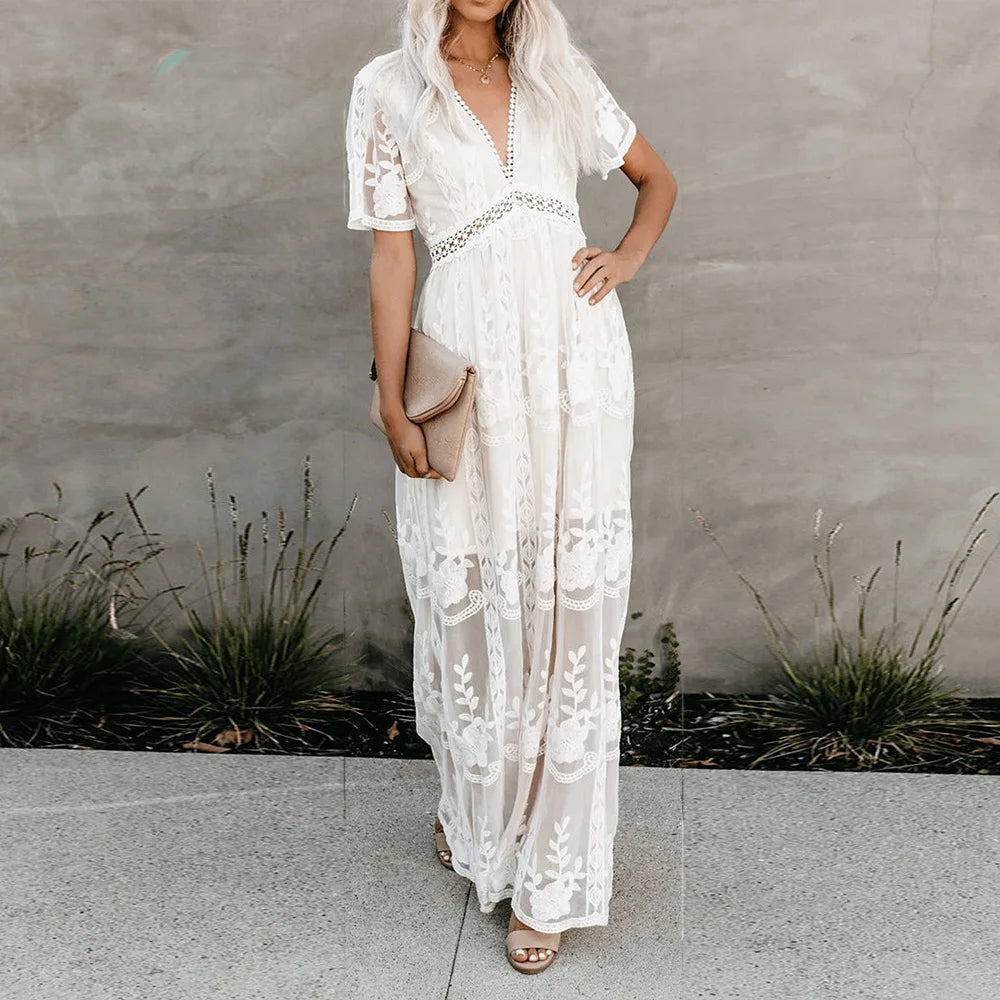 Boho Lace Embroidery Maxi Dress | Long Sleeve Beach Tunic