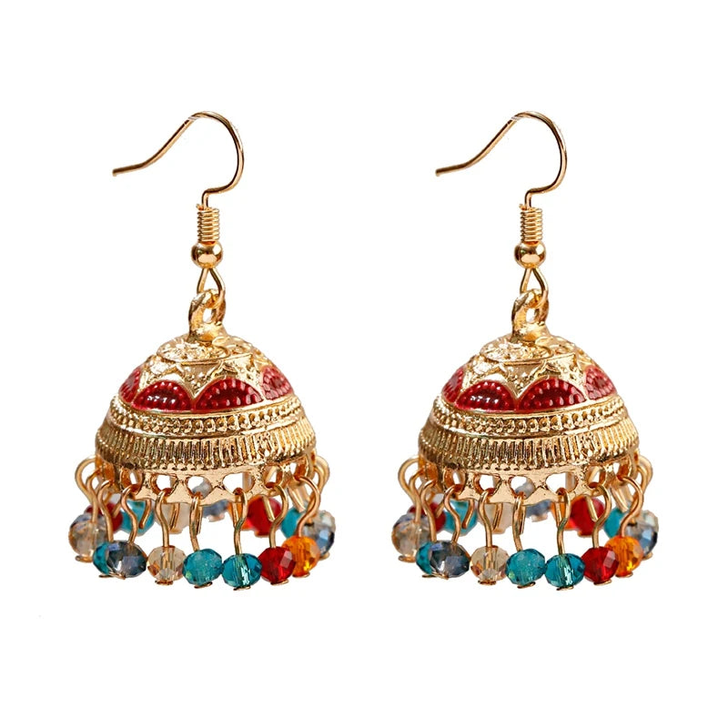 Boho Ethnic Flower Enamel & Bell Tassel Drop Earrings – Vintage Gold Crystal Bead