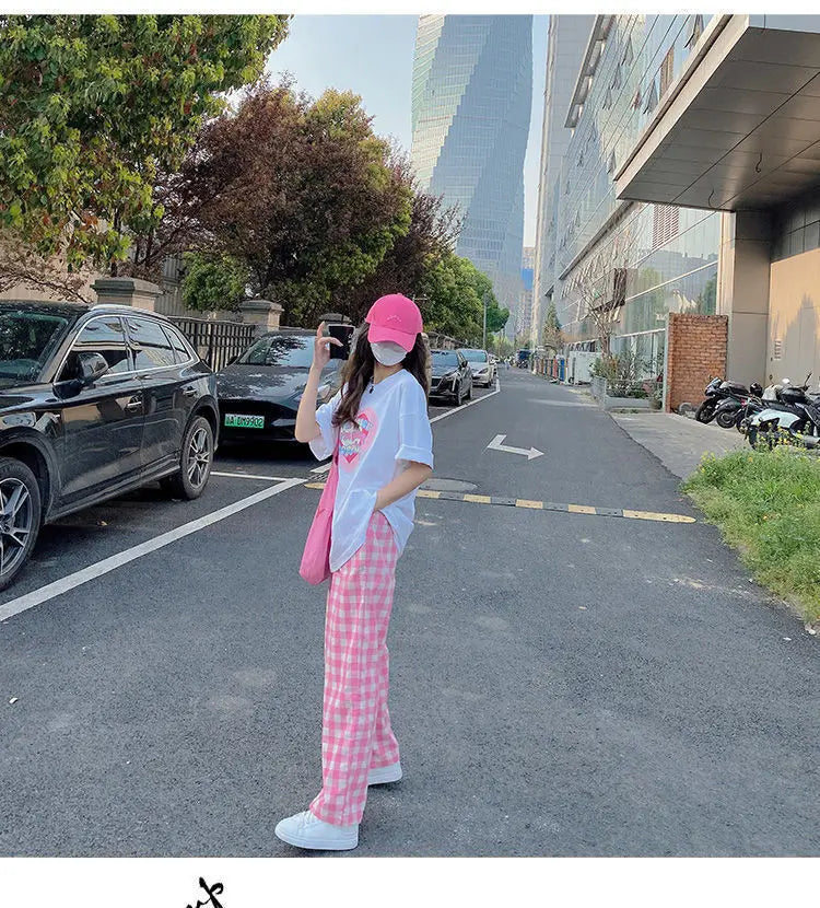 Pants Women Plaid High Waist Hot Sale Summer Loose Korean Style Wide Leg Pockets All-match Stylish New Arrivals Popular Female