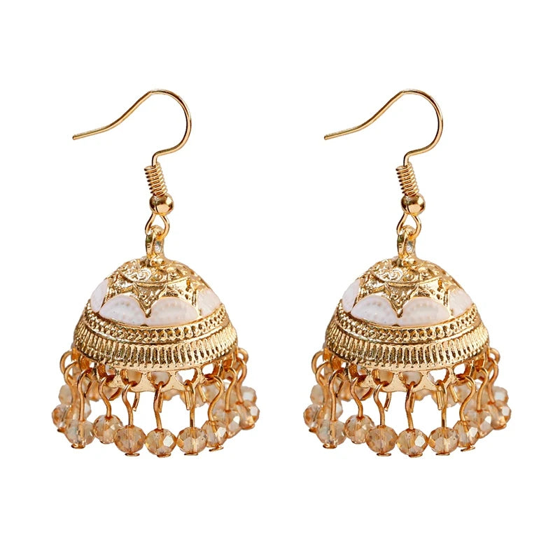Boho Ethnic Flower Enamel & Bell Tassel Drop Earrings – Vintage Gold Crystal Bead