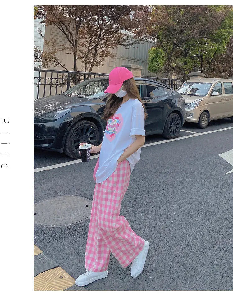 Pants Women Plaid High Waist Hot Sale Summer Loose Korean Style Wide Leg Pockets All-match Stylish New Arrivals Popular Female