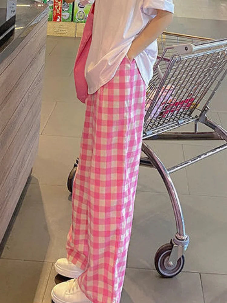 Pants Women Plaid High Waist Hot Sale Summer Loose Korean Style Wide Leg Pockets All-match Stylish New Arrivals Popular Female