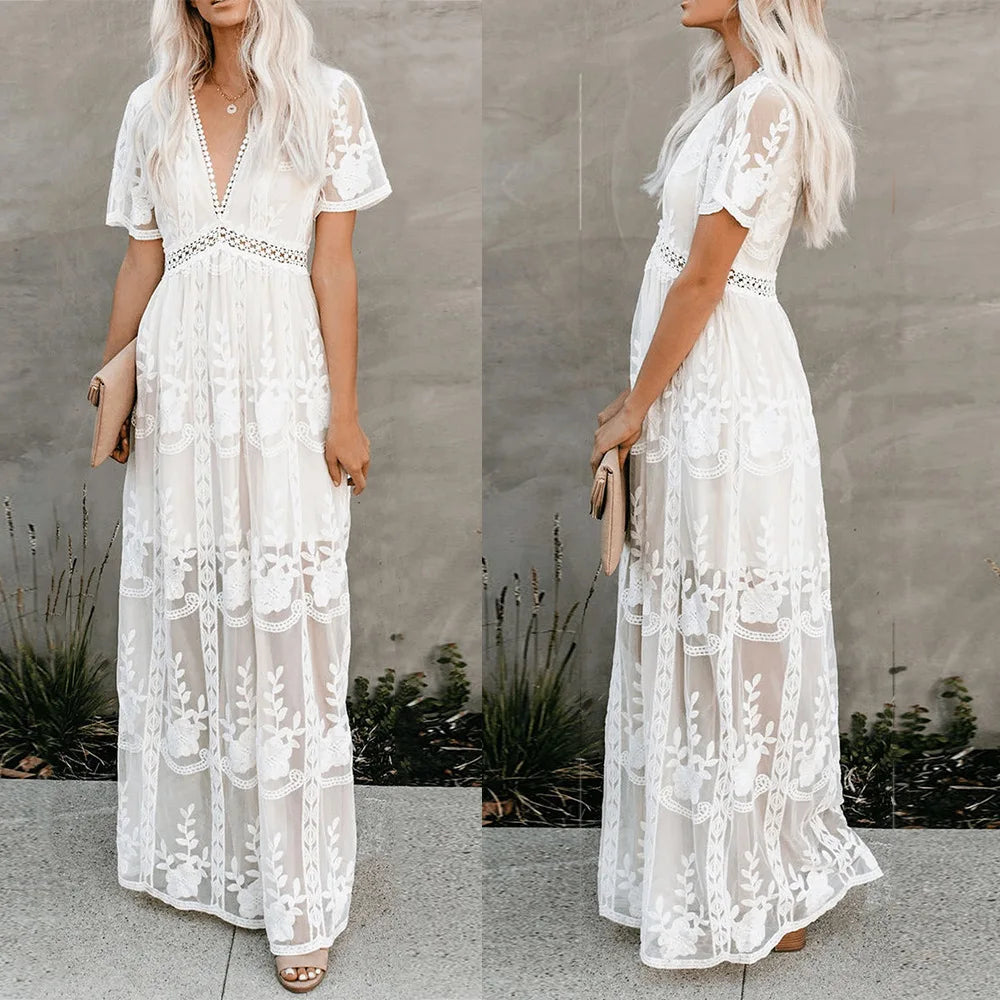 Boho Lace Embroidery Maxi Dress | Long Sleeve Beach Tunic