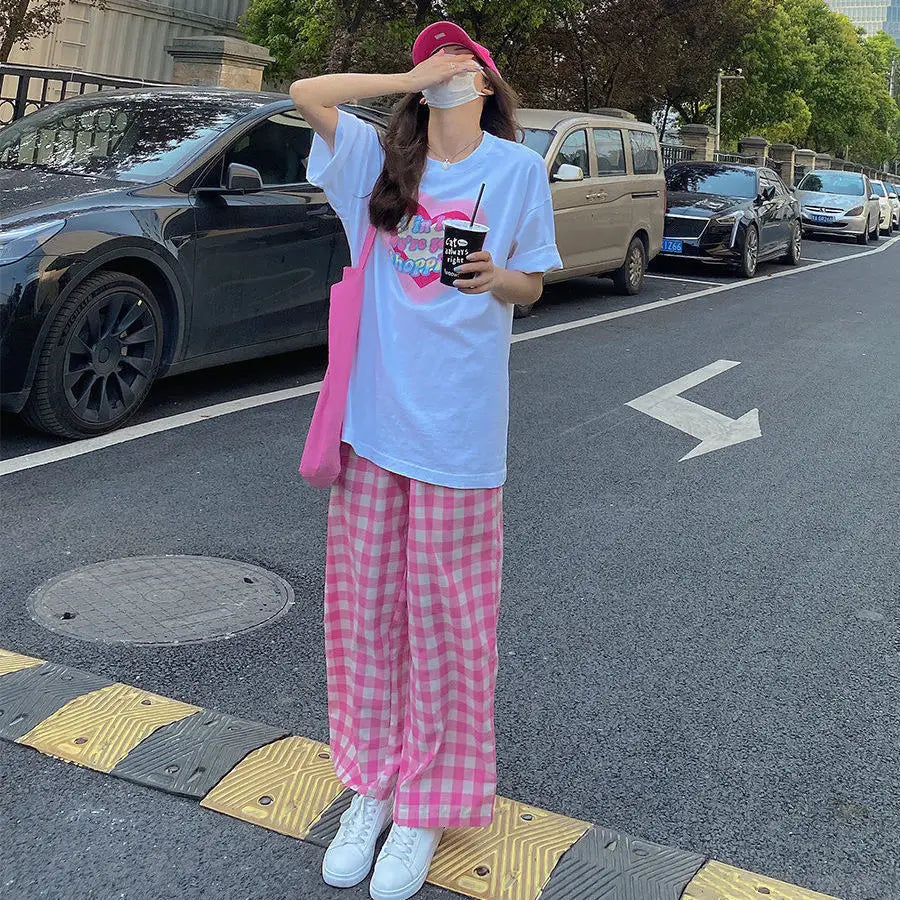 Pants Women Plaid High Waist Hot Sale Summer Loose Korean Style Wide Leg Pockets All-match Stylish New Arrivals Popular Female
