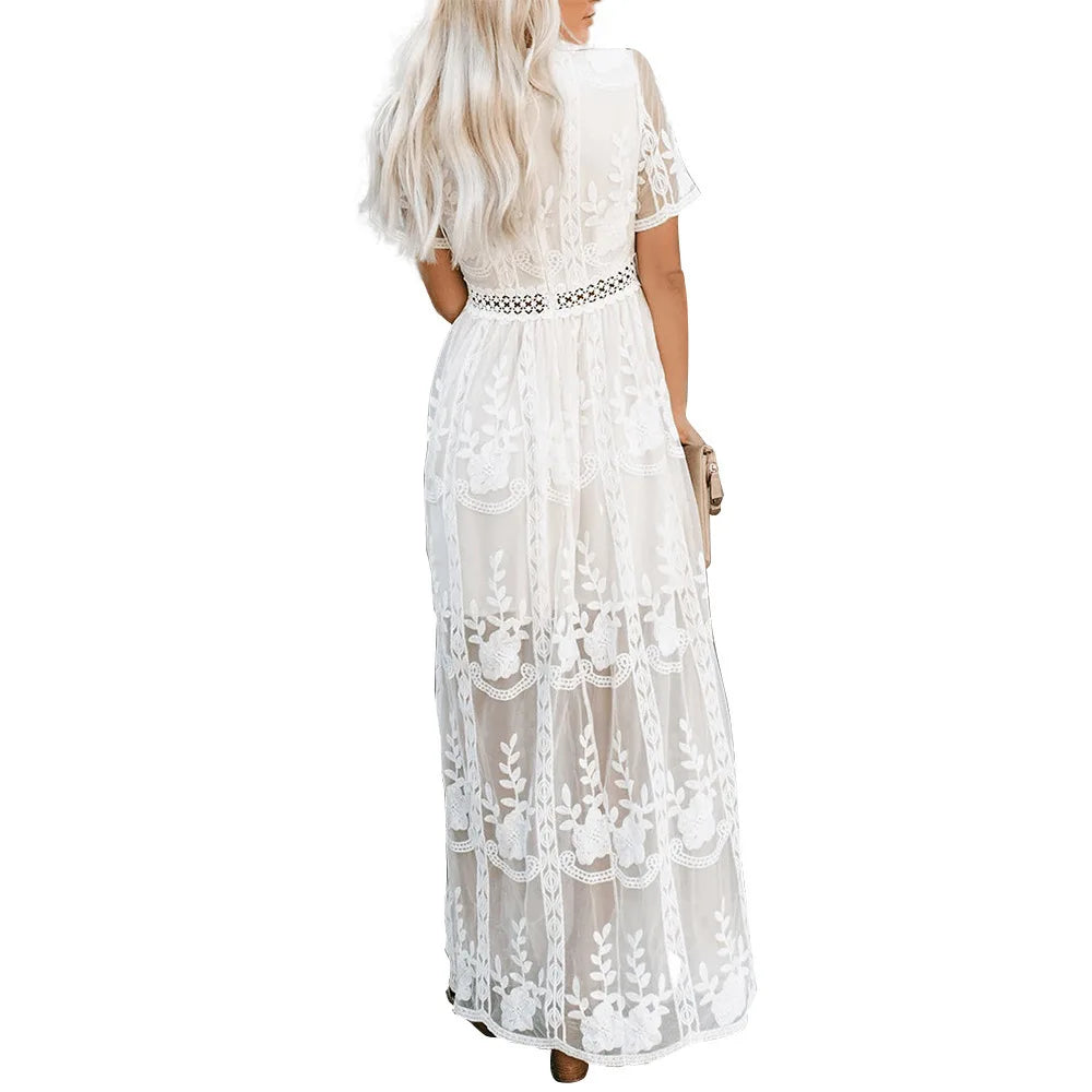 Boho Lace Embroidery Maxi Dress | Long Sleeve Beach Tunic