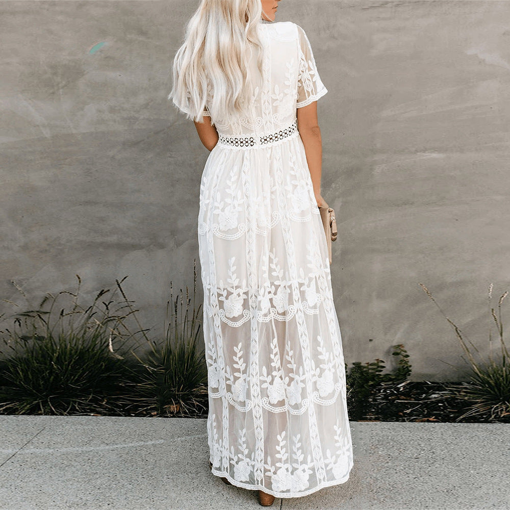 Boho Lace Embroidery Maxi Dress | Long Sleeve Beach Tunic