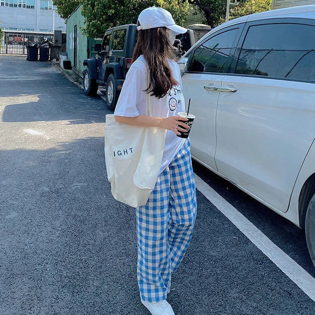 Pants Women Plaid High Waist Hot Sale Summer Loose Korean Style Wide Leg Pockets All-match Stylish New Arrivals Popular Female
