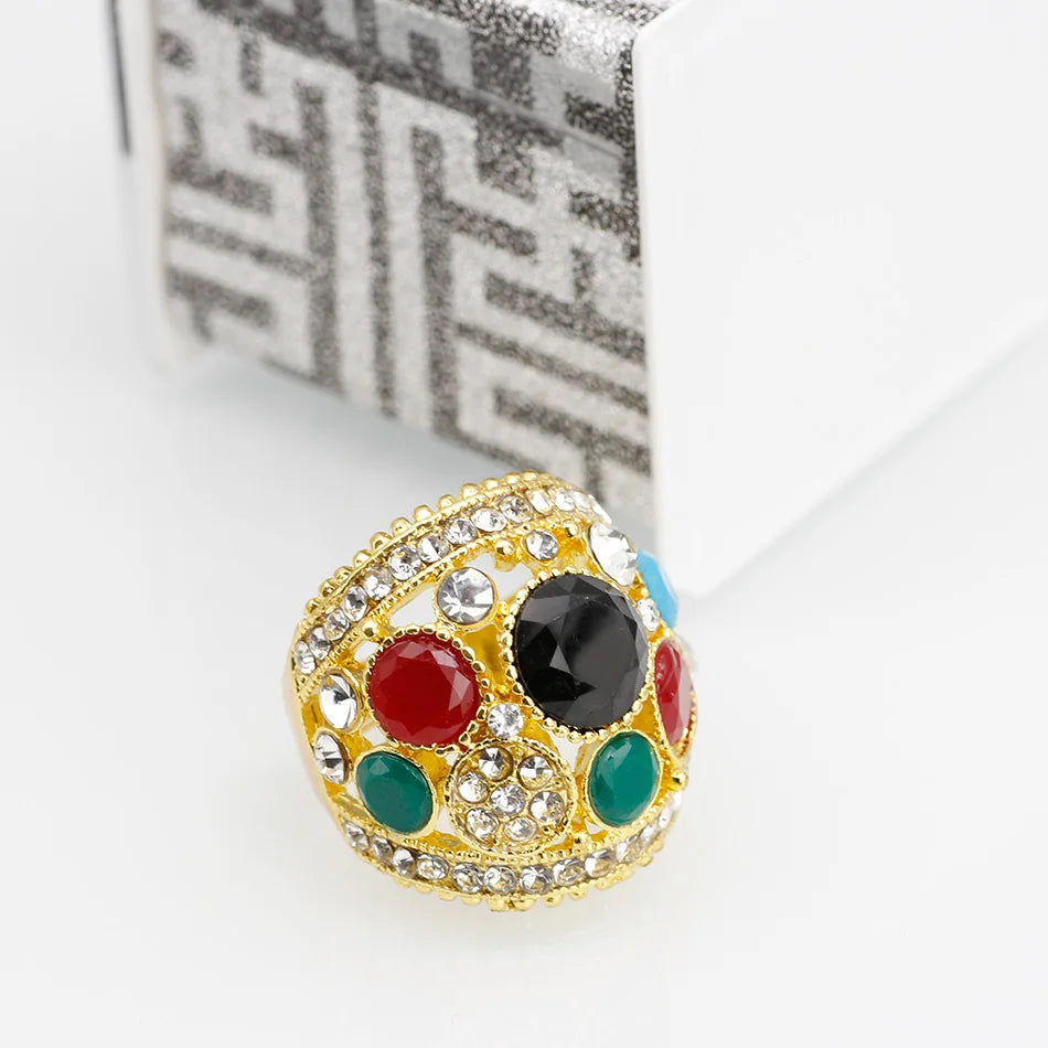 Boho Ethnic Rhinestone Ring – Turkish-Inspired Vintage Antique Gold or Gold