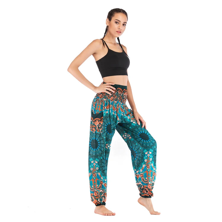 Boho Wide Leg Harem Pants – High Waist Smocked Waist Yoga Bottoms