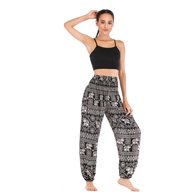 Boho Wide Leg Harem Pants – High Waist Smocked Waist Yoga Bottoms