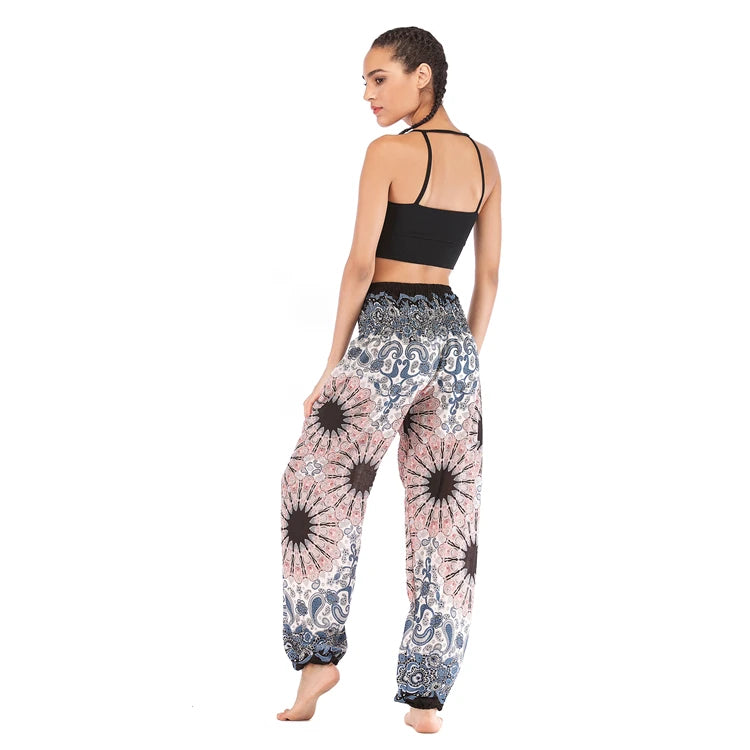 Boho Wide Leg Harem Pants – High Waist Smocked Waist Yoga Bottoms