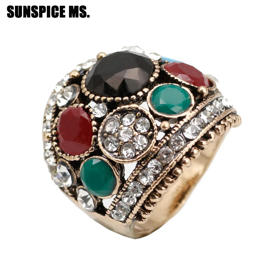 Boho Ethnic Rhinestone Ring – Turkish-Inspired Vintage Antique Gold or Gold