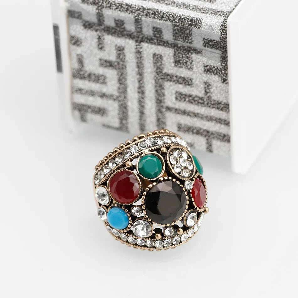 Boho Ethnic Rhinestone Ring – Turkish-Inspired Vintage Antique Gold or Gold
