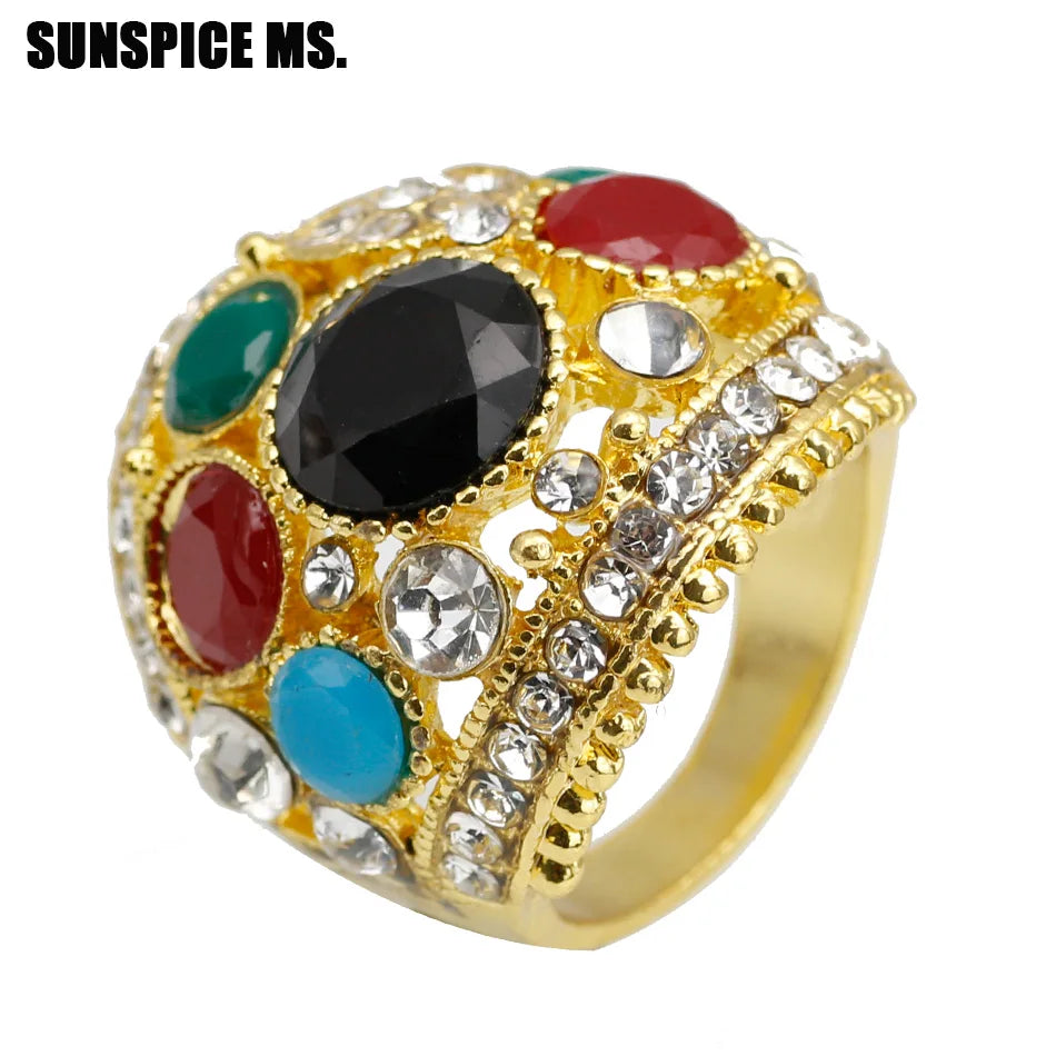 Boho Ethnic Rhinestone Ring – Turkish-Inspired Vintage Antique Gold or Gold