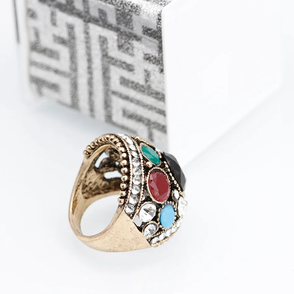 Boho Ethnic Rhinestone Ring – Turkish-Inspired Vintage Antique Gold or Gold
