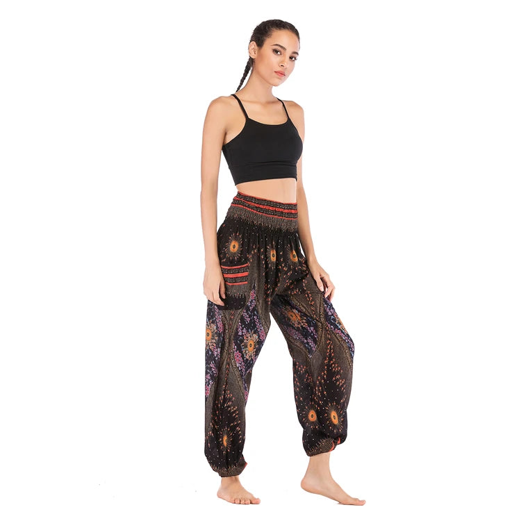 Boho Wide Leg Harem Pants – High Waist Smocked Waist Yoga Bottoms