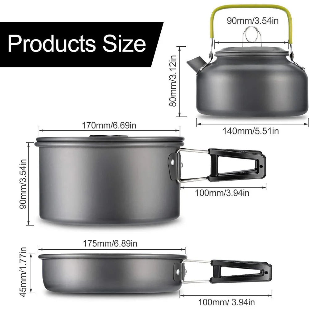 Outdoor camping cookware set made of aluminum alloy material not easy to stick to the pot nested packaging convenient to carry
