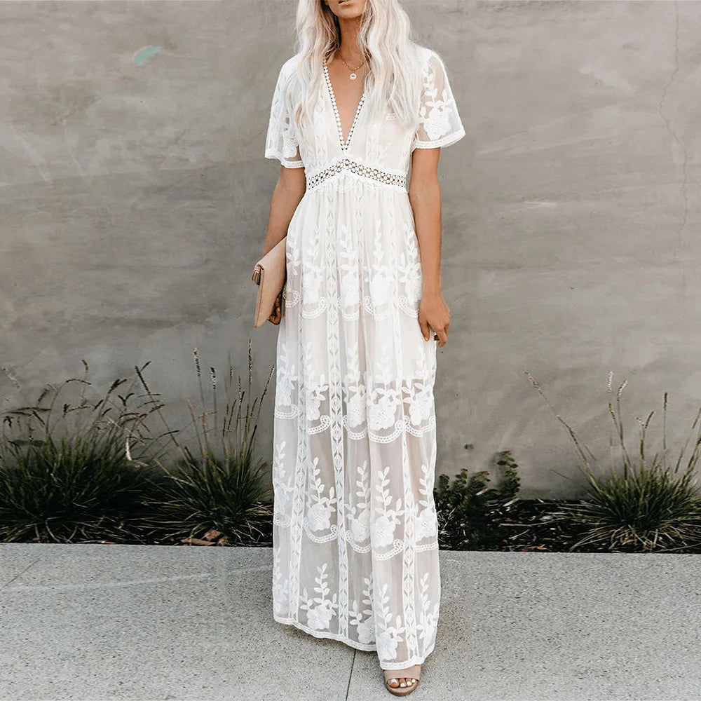 Boho Lace Embroidery Maxi Dress | Long Sleeve Beach Tunic