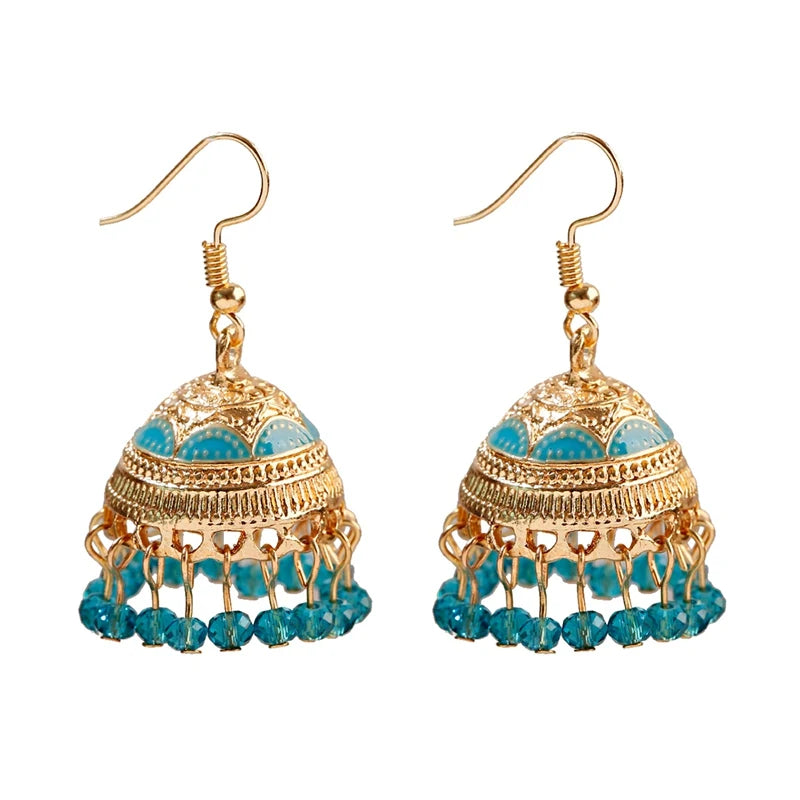 Boho Ethnic Flower Enamel & Bell Tassel Drop Earrings – Vintage Gold Crystal Bead