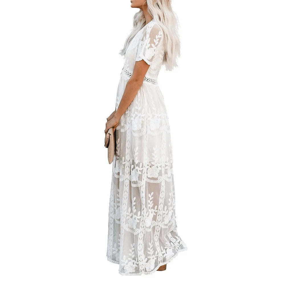 Boho Lace Embroidery Maxi Dress | Long Sleeve Beach Tunic