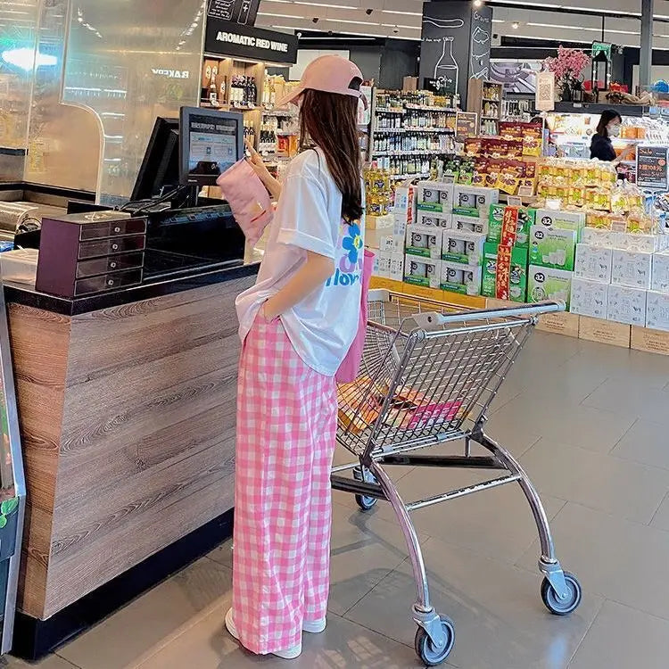Pants Women Plaid High Waist Hot Sale Summer Loose Korean Style Wide Leg Pockets All-match Stylish New Arrivals Popular Female