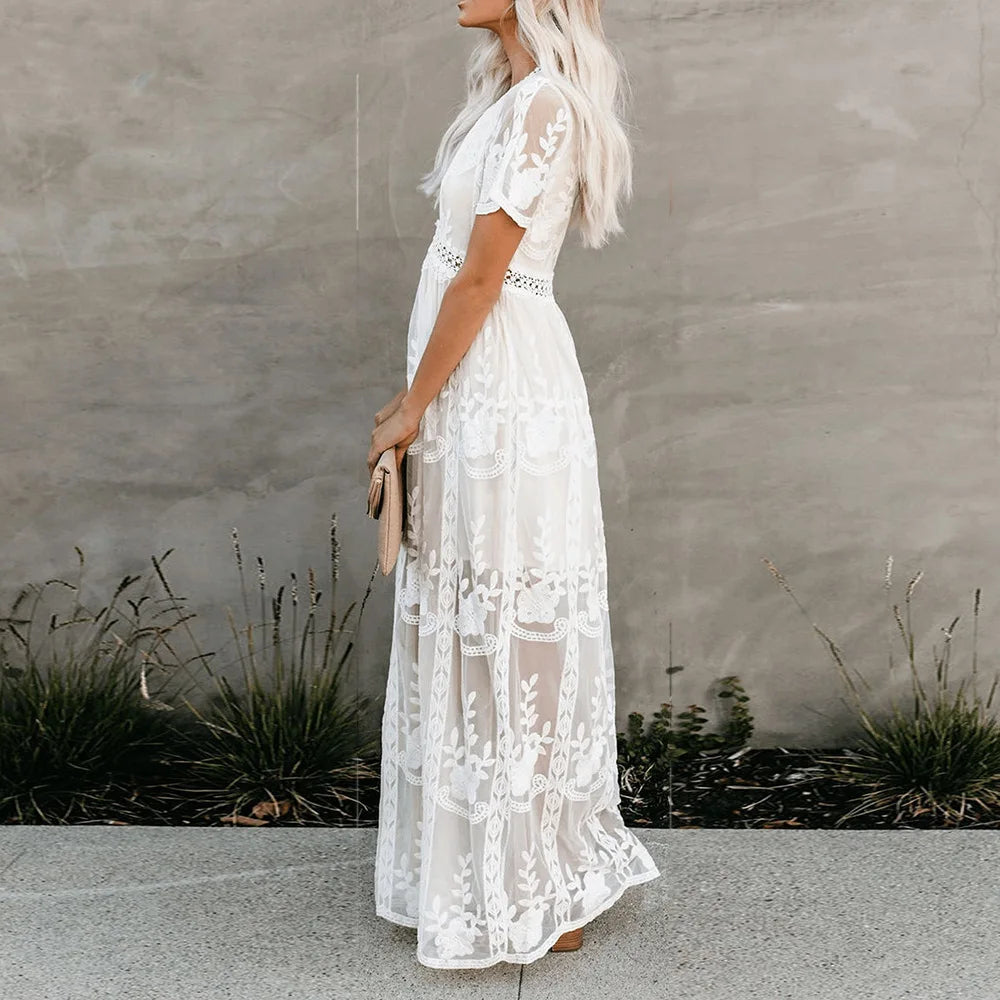 Boho Lace Embroidery Maxi Dress | Long Sleeve Beach Tunic