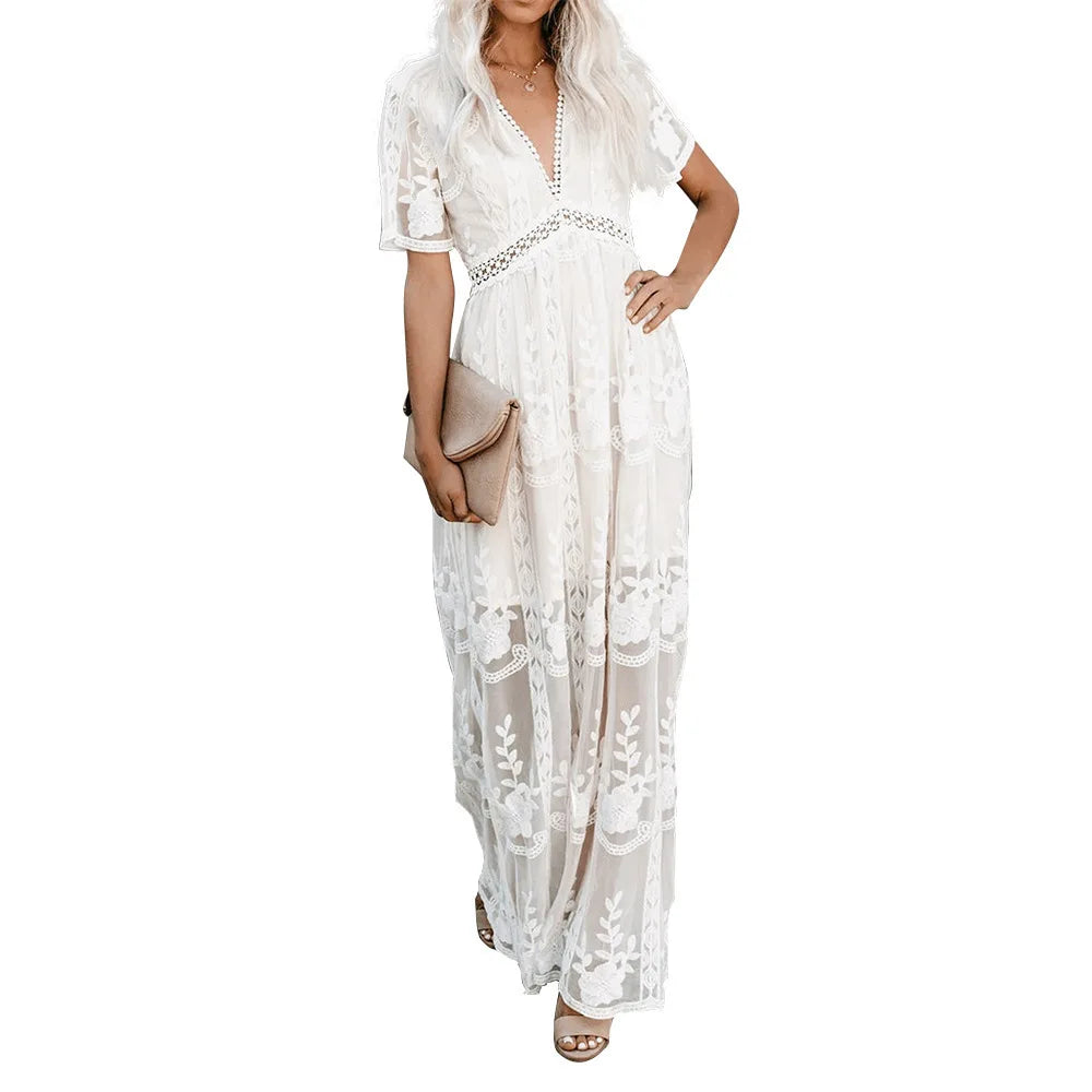 Boho Lace Embroidery Maxi Dress | Long Sleeve Beach Tunic