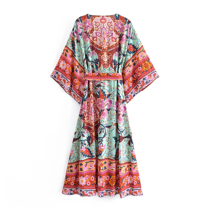 Boho Floral Print Maxi Dress with Batwing Sleeves