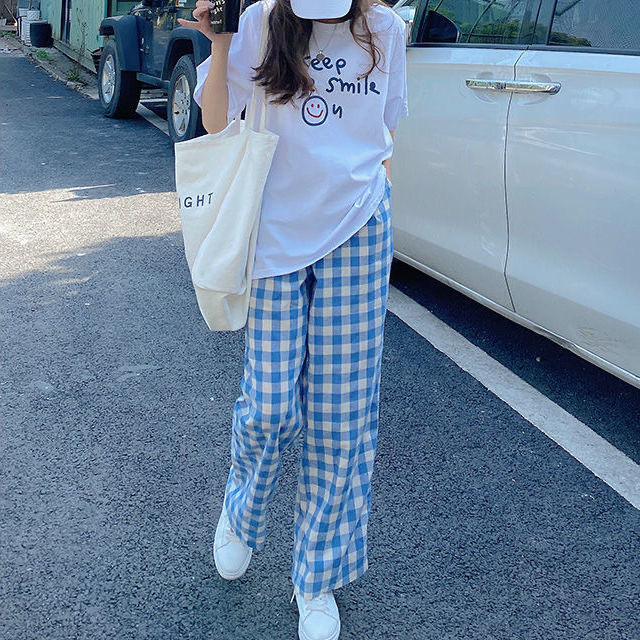 Pants Women Plaid High Waist Hot Sale Summer Loose Korean Style Wide Leg Pockets All-match Stylish New Arrivals Popular Female