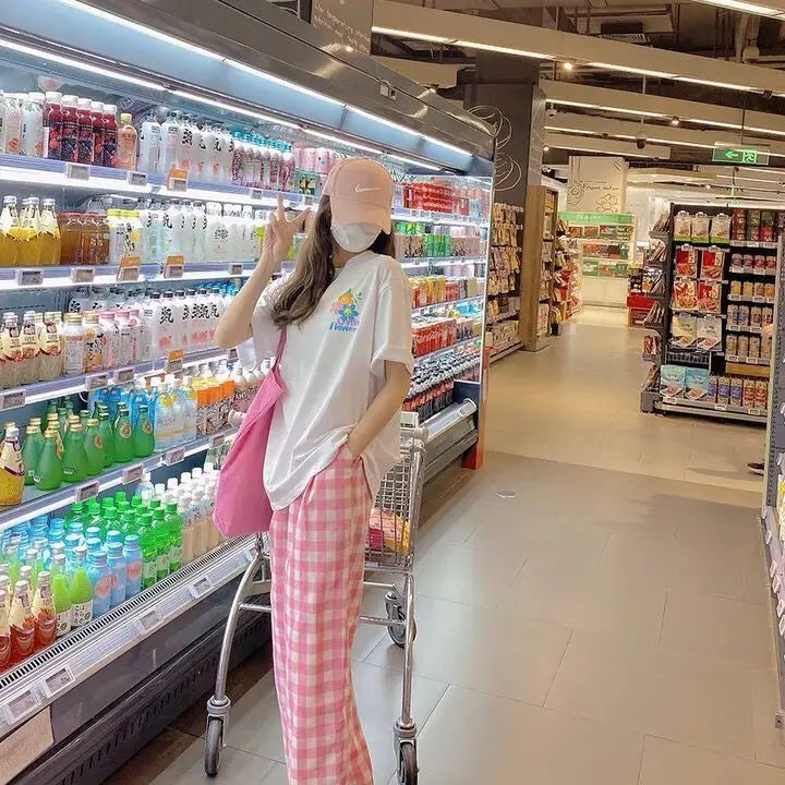 Pants Women Plaid High Waist Hot Sale Summer Loose Korean Style Wide Leg Pockets All-match Stylish New Arrivals Popular Female
