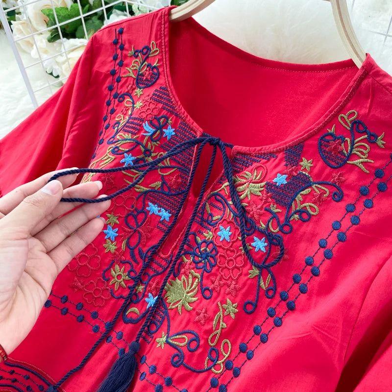 Embroidered Lantern Sleeve Boho Midi Dress | Lace-Up A-Line