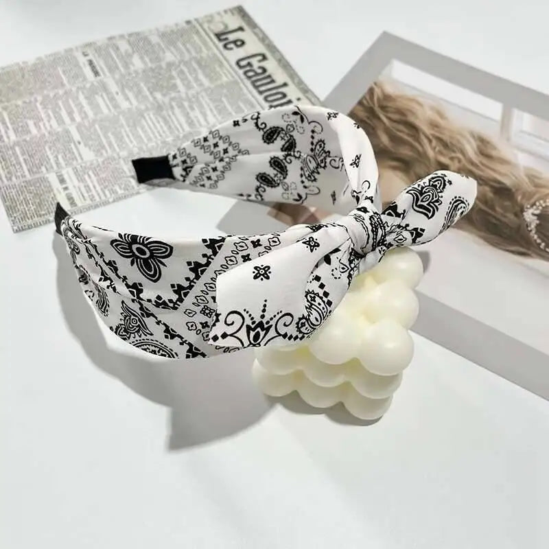 Boho Bow Print Wide Headband – Vintage Silk Cross-Knot Hair Hoop