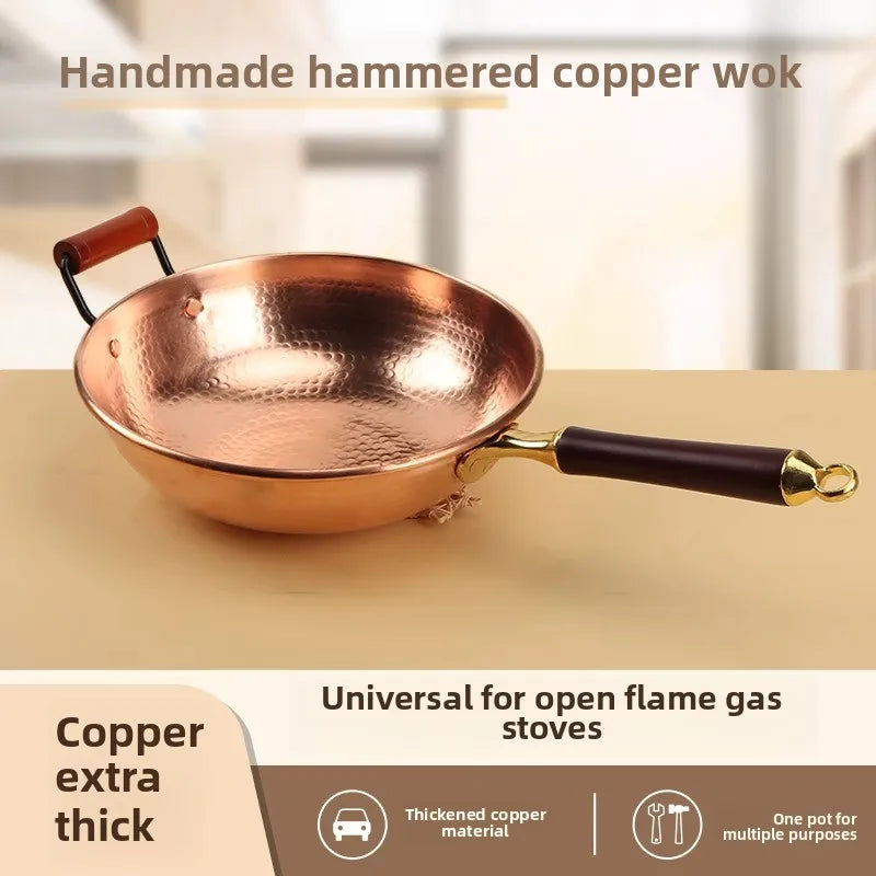 Hand-Forged Pure Copper Wok | Uncoated Traditional Wok with Beechwood Handle