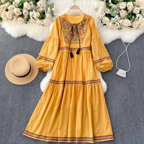 Embroidered Lantern Sleeve Boho Midi Dress | Lace-Up A-Line