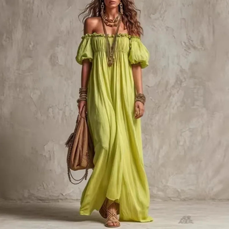 Off-Shoulder Pleated Maxi Dress | Boho Empire Waist A-Line