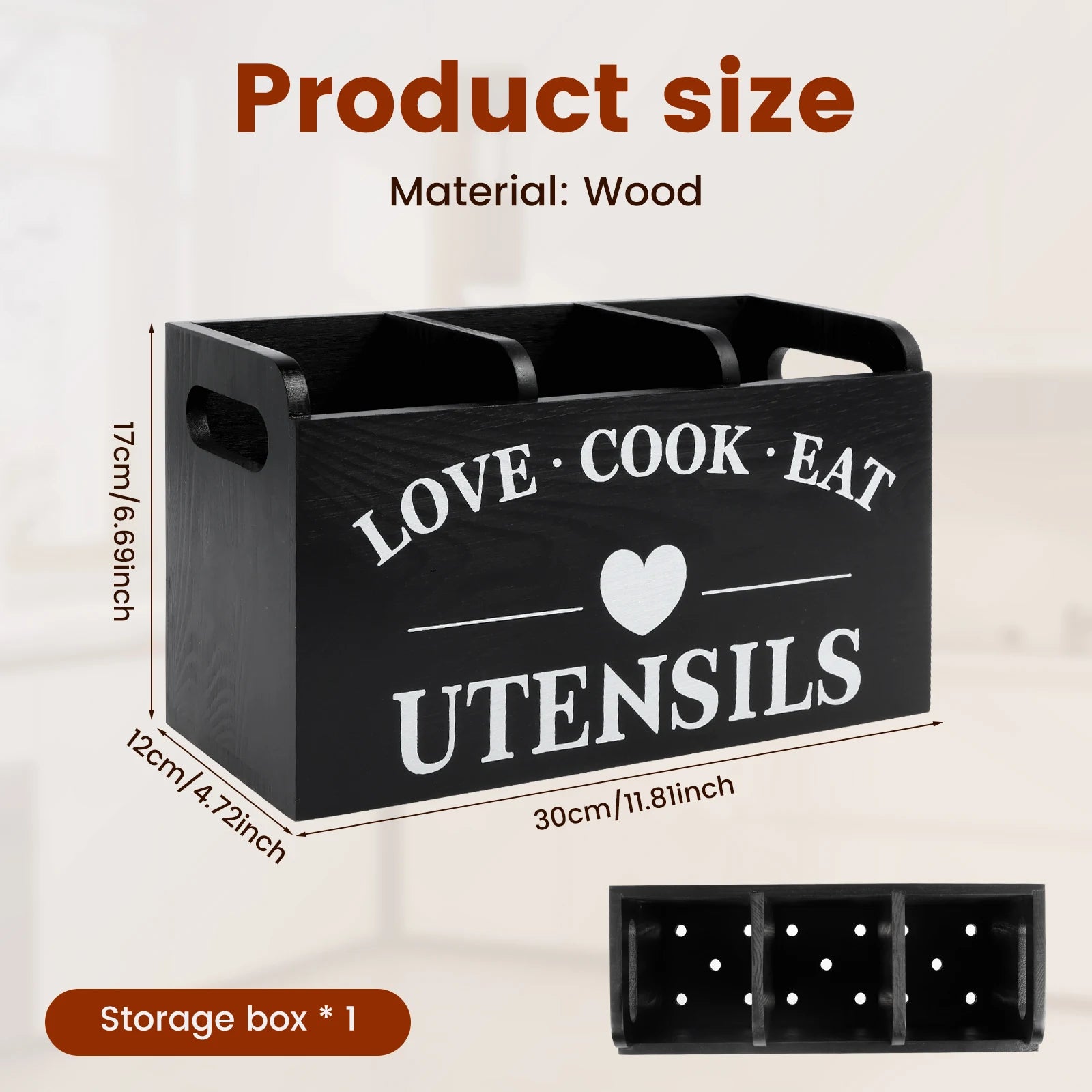 Wood Kitchen Utensil Holder | 3-Compartment Farmhouse Caddy Organizer